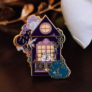 Gold Ocean of Sky Balcony Cat Hard Enamel Pin - Magical Fantasy Theme Lapel Pin - Cat Enamel Pin - Keely Studios