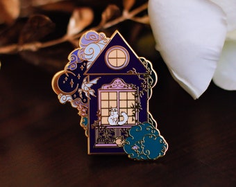 Gold Ocean of Sky Balcony Cat Hard Enamel Pin - Magical Fantasy Theme Lapel Pin - Cat Enamel Pin - Keely Studios