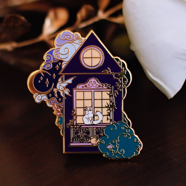 Gold Ocean of Sky Balcony Cat Hard Enamel Pin - Magical Fantasy Theme Lapel Pin - Cat Enamel Pin - Keely Studios