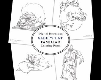 DIGITAL DOWNLOAD Coloring Pages - Sleepy Cat Familiar - Adult Coloring Pages - Easy - Downloadable Coloring Pages