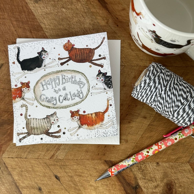 Carte Joyeux anniversaire à une dame folle aux chats - Petite carte en aluminium image 1