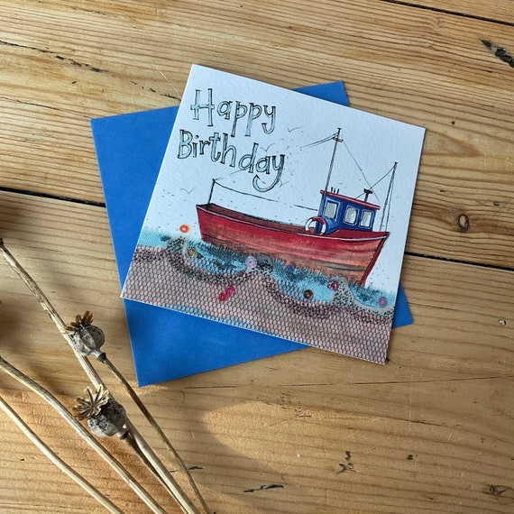Happy Birthday Fishing Boat Greeting Card Alex Clark Etsy Ireland