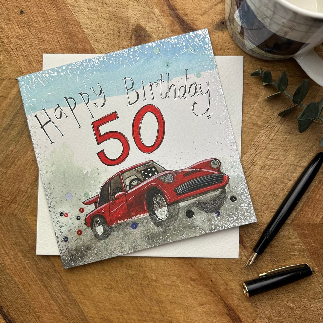 Happy 50th Birthday Red Car Card - Etsy