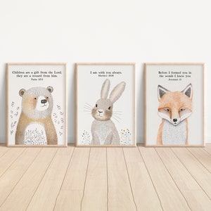 Trio Christliches Kinderzimmerdekor, Kinder Bibel Vers Wandkunst, Waldtiere, Schriftdruck, Baby Jungen Kinderzimmer, druckbare Kunstwerk