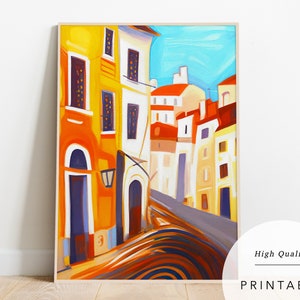 May include: A colourful painting depicting a narrow street in a European city. The buildings are painted in shades of yellow, orange, red, and blue. The street is paved with cobblestones and there are shadows cast by the buildings.
