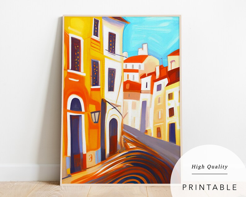 May include: A colourful painting depicting a narrow street in a European city. The buildings are painted in shades of yellow, orange, red, and blue. The street is paved with cobblestones and there are shadows cast by the buildings.