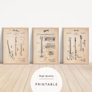 4 Progetto chitarra elettrica / Gibson Les Paul / Fender Telecaster / Fender Stratocaster / Poster digitale / Stampa digitale / Basso Fender