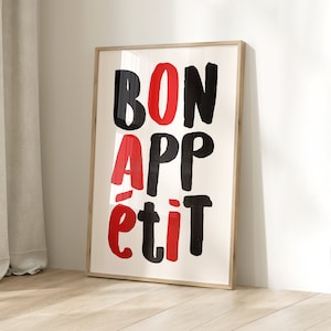 Bon Appetit ポスター、フランス語の引用ポスター、ミッドセンチュリーのタイポグラフィ プリント、黒とベージュのキッチン ウォール アート、マキシマリスト キッチン プリント、印刷可能