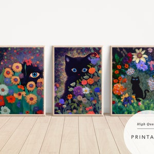 Stampa di gatti TRIO Garden, poster di gatti Monet Flowers, arte di gatti neri, stampa floreale, stampa di gatti divertenti, gatti dipinti