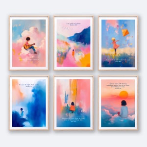 Conjunto de 6 decoración cristiana de la guardería, arte de la pared del versículo bíblico para niños, ilustraciones para niños, impresión de las Escrituras, guardería para bebés, póster para niñas, obras de arte para niños