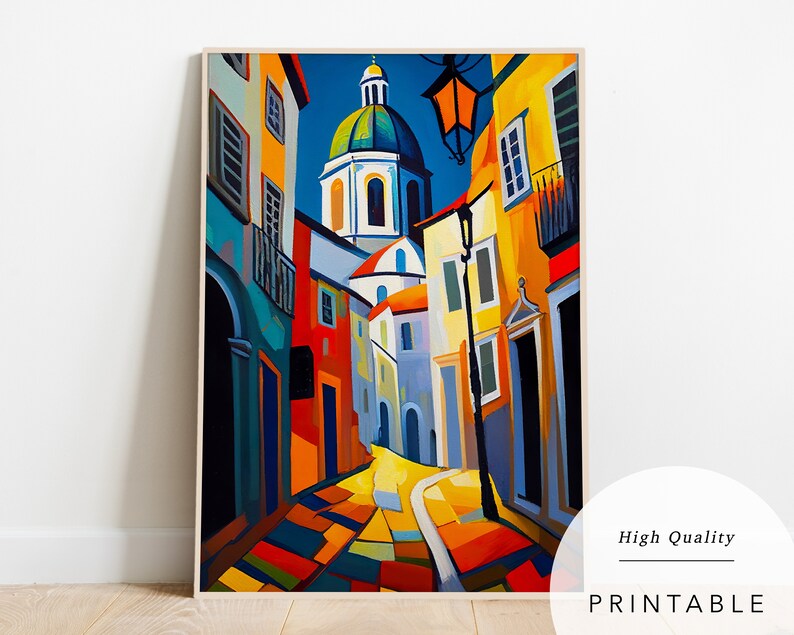 May include: A colourful painting depicting a narrow street in a European city. The street is lined with buildings in shades of yellow, red, blue, and green. A church with a green dome can be seen at the end of the street. The painting is executed in a cubist style.