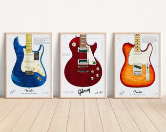 Set de arte mural con planos de guitarra • Pósteres imprimibles de Fender y Gibson • Trío de guitarras eléctricas • Juego de 3 • Pósteres con planos de Fender y Gibson