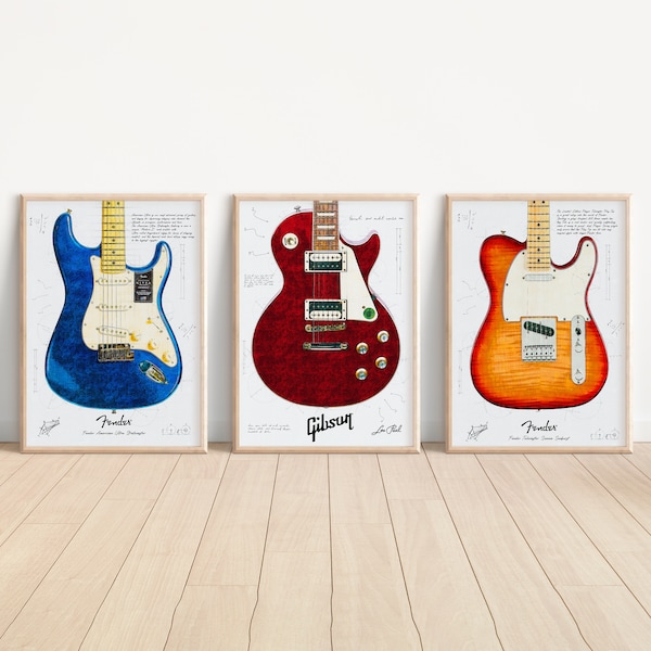 Guitarra eléctrica TRIO, Muestra GRATIS en la descripción, Gibson Les Paul, Fender Telecaster, Fender Stratocaster, Póster digital / Impresión digital