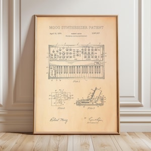 Puede incluir: Una impresión enmarcada de una patente vintage de un sintetizador Moog. La impresión, con fecha del 10 de abril de 1970, presenta diagramas detallados y el texto "MOOG SYNTHESIZER PATENT". La obra de arte está en tonos sepia, con un marco de madera.