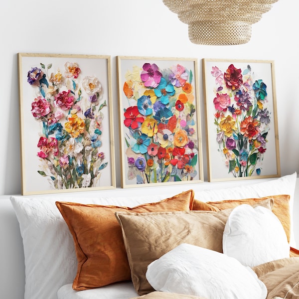 6 Colorful Wildflower Art, Torn Paper Illustration, Watercolor Flowers, Bright Floral Prints, Digital Download, Printable Flower Watercolors
