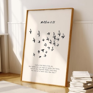 Mira a los pájaros, Mateo 6:26, Bosquejos bíblicos, Arte de Jesús, Impresión DIGITAL de versículos, Póster cristiano, Escritura bíblica, Confianza