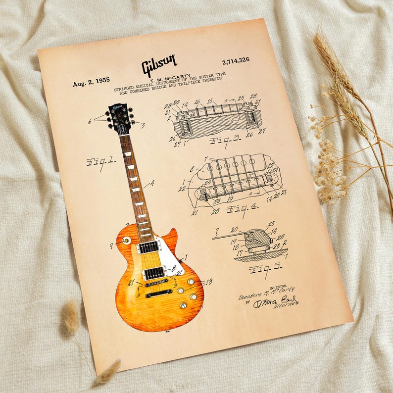 Gibson Les Paul Blueprint: Watercolor Guitar Patent Art (digital ...