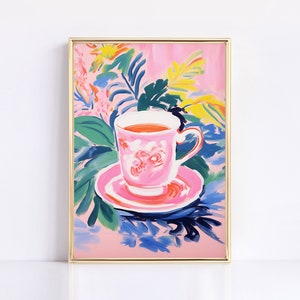 Pink Coffee Cup Painting: Retro Kitchen Art Print (Digital Download)