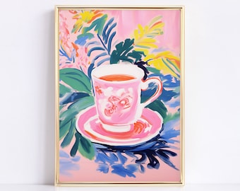 Pink Coffee Cup Painting: Retro Kitchen Art Print (Digital Download)