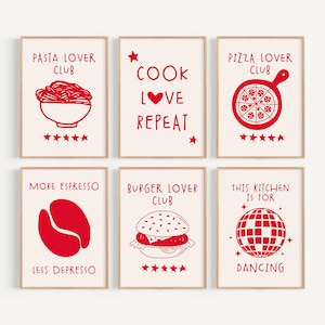 Aesthetic Kitchen Decor, Set of 6 prints, Home Decor Wall Art, Chef Poster, Cooking Printable, Trendy Aesthetic, College Apartment Decor