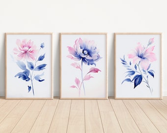 Gravuras de flores silvestres em aquarela: conjunto de 3, decoração floral vibrante (download digital)