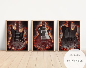 Guitarra eléctrica en llamas: Les Paul, Telecaster, Stratocaster (póster digital)
