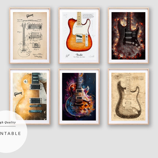 50 Guitare électrique | Gibson Les Paul | Höfner | Fender Stratocaster | Fender Telecaster | Affiche numérique | Impression numérique