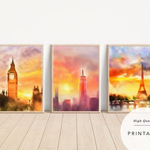 TRIO París - Nueva York - Londres / Ciudad de la acuarela / Póster digital / Impresión digital / pintura de la ciudad de la acuarela
