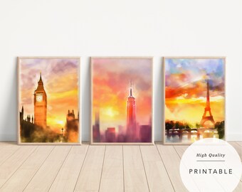 Paris New York London Watercolor City Print Set (Digital Download)