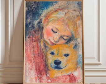Impression d'art aquarelle fille et chien : décoration de chambre d'enfant (téléchargement numérique)