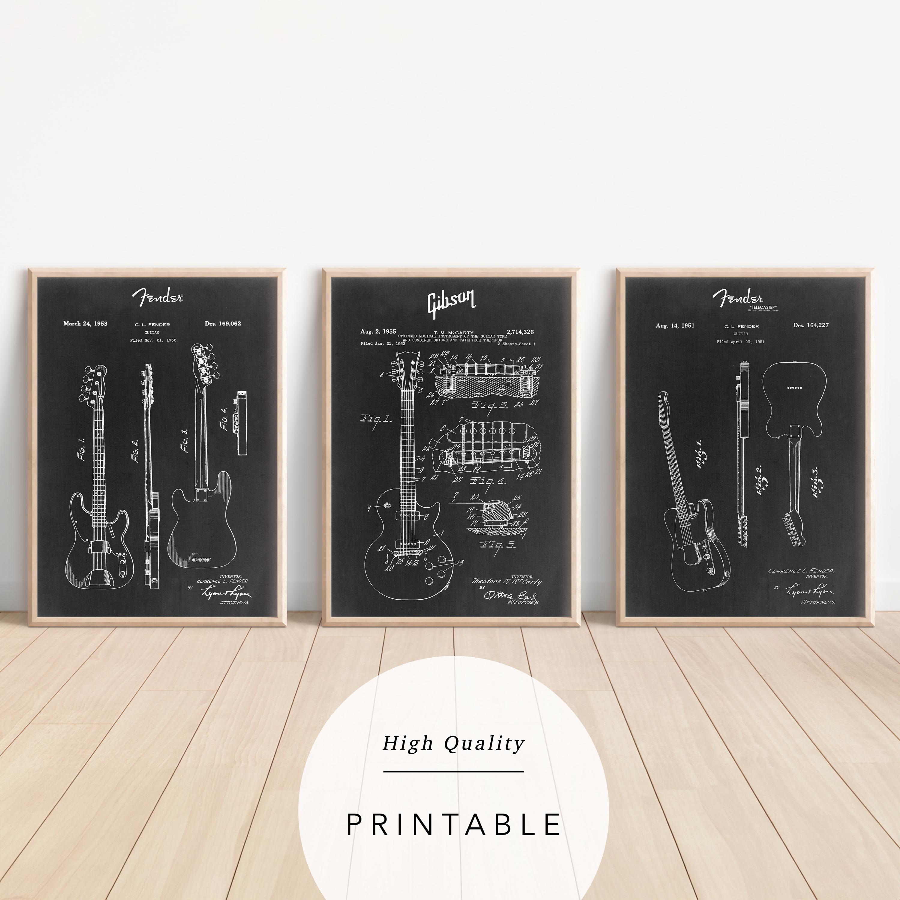 Guitar Blueprint Poster Set: Gibson, Fender (Digital Print)