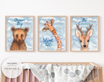 Impression numérique aquarelle de 3 ANIMAUX, art mural animal de pépinière, cadeau de naissance, affiche de chambre d'enfant, téléchargement numérique imprimable