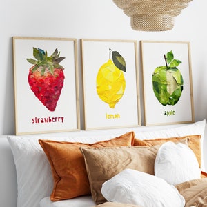 Collage di 3 frutti su carta strappata, decorazione da parete alla moda per la cucina, limone, fragola, mela, decorazione per la stanza Coquette, poster retrò vintage stampabile