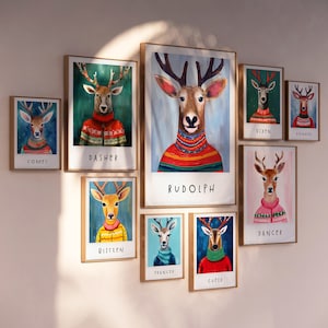9 renos de Papá Noel, impresiones navideñas, ilustraciones de acuarela para guardería, decoración del hogar, arte de pared, dormitorio infantil, descarga digital, póster navideño imprimible