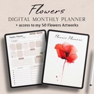 May include: A digital planner with a weekly planner page and a cover page featuring a watercolour painting of a red poppy flower. The text "Flowers Planner" is at the top of the cover page. The text "Weekly Planner" is at the top of the weekly planner page.