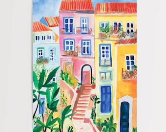 Lisbon Watercolor Print: Portugal Cityscape Travel Poster (Digital Download)
