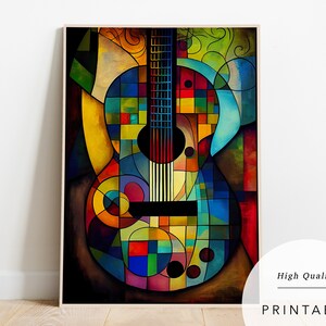 May include: Abstract painting of a colourful acoustic guitar with geometric shapes and patterns. The guitar is painted in shades of blue, green, yellow, red, and orange.
