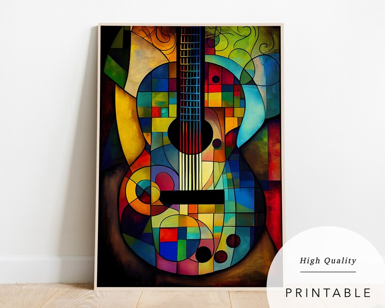 May include: Abstract painting of a colourful acoustic guitar with geometric shapes and patterns. The guitar is painted in shades of blue, green, yellow, red, and orange.