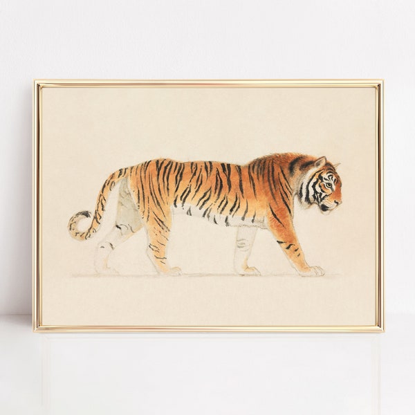 Vintage Tiger Painting, Vintage Tiger Print, Muted Neutral Colors, Pacing Tiger Art, Animal Print, Animal Wall Art, Tiger Poster, Tiger art