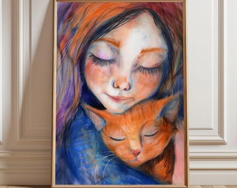 Lámina artística de gato pelirrojo: Ilustración de niña y gatito (descarga digital)