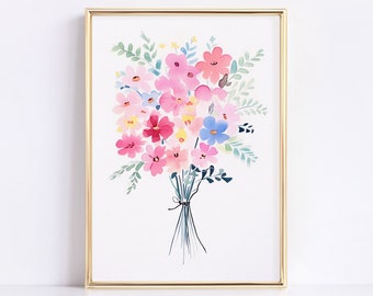 Flowers Bouquet Painting, Watercolor Flowers, Bright Floral Prints, Digital Download, Printable Flower Watercolors, Botanical Decor Print