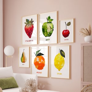 Collage di carta strappata con 6 frutti, arredamento da cucina alla moda, limone, fragola, mela, arredamento della camera Coquette, poster retrò vintage stampabile