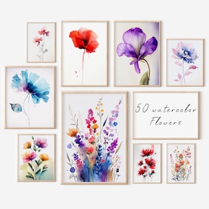 50 aquarelles de fleurs, aquarelles de fleurs, impressions florales lumineuses, téléchargement numérique, aquarelles de fleurs imprimables