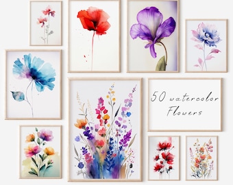 50 Blumenaquarelle, Blumenaquarelle, leuchtende florale Impressionen, Numerische Aufladung, eindruckbare Blumenaquarelle