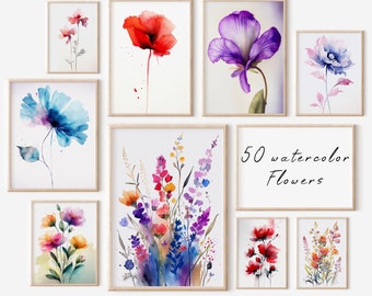 50 aquarelles de fleurs, aquarelles de fleurs, impressions florales lumineuses, téléchargement numérique, aquarelles de fleurs imprimables