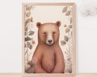 Stampa per bambini Woodland Bear: illustrazione di un orso ad acquerello (download digitale)