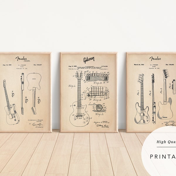 4 Electric Guitar Blueprint | Gibson Les Paul | Fender Telecaster | Fender Stratocaster | Digital Poster | Digital Print | Bass Fender