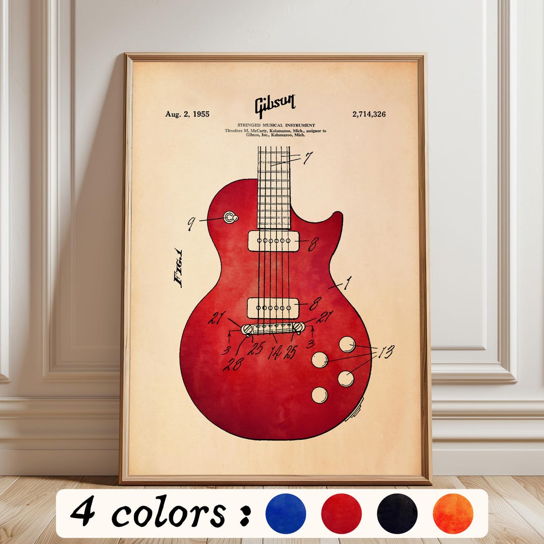 Gibson Les Paul Blueprint: Watercolor Guitar Patent Art (digital ...