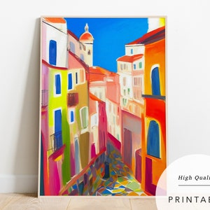 May include: A colourful abstract painting of a narrow street in a European city. The buildings are painted in shades of red, orange, yellow, and green. The street is paved with colourful tiles.
