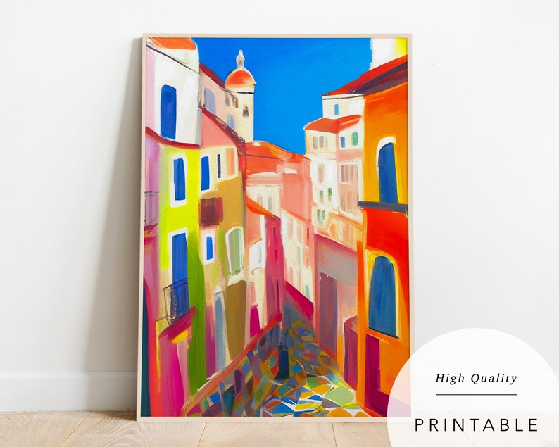 May include: A colourful abstract painting of a narrow street in a European city. The buildings are painted in shades of red, orange, yellow, and green. The street is paved with colourful tiles.